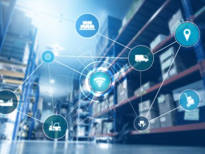 Smart warehouse management system with innovative internet of things technology to identify package picking and delivery . Future concept of supply chain and logistic network business .